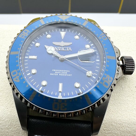 Invicta Pro Diver Blue Dial Gunmetal Case Men Watch with Cowhide Premium Leather - Picture 2 of 10